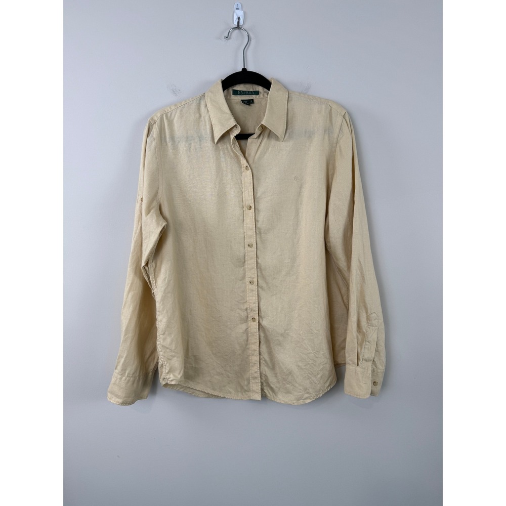 Lauren Ralph Lauren Shirt Beige M Linen Long Sleeve Roll Tab Button Down